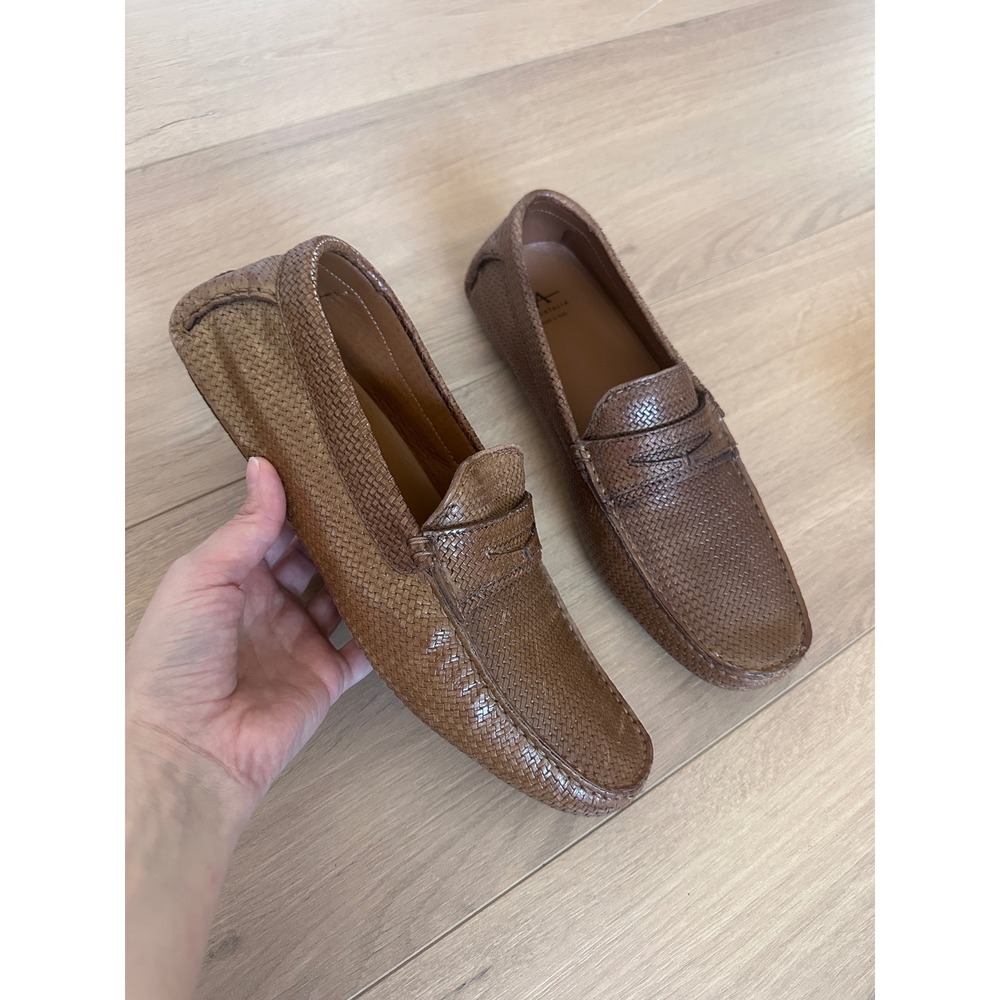 Aquatalia Mens Woven Leather Penny Loafers Brown Made in Italy Driving Shoes 9